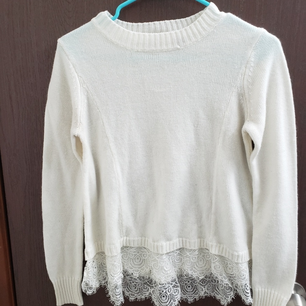 White Sweater with Lace Trim